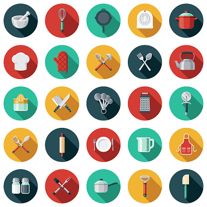 A set of flat design styled kitchen tools icons with a long side shadow. Color swatches are global so it’s easy to edit and change the colors.