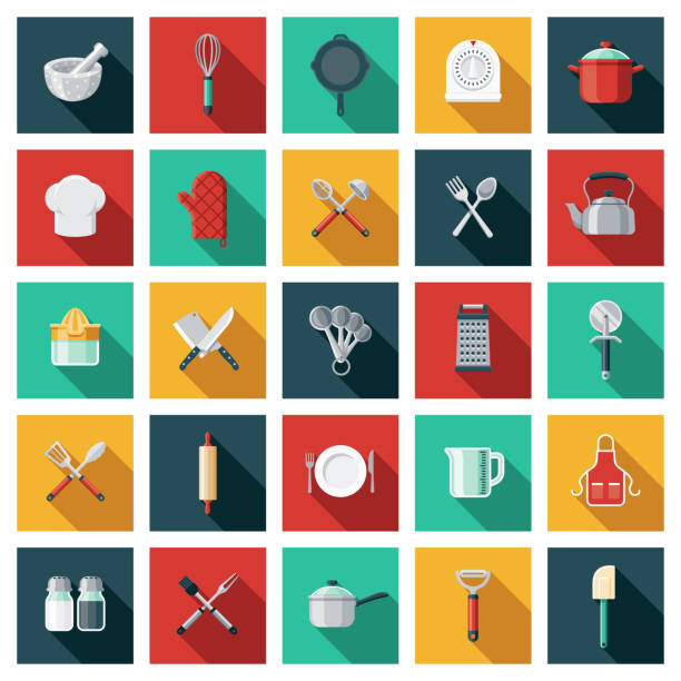 Kitchen Tools Icon Set A set of square flat design icons with a long side shadow. File is built in the CMYK color space for optimal printing. Color swatches are global so it’s easy to edit and change the colors. grater utensil stock illustrations