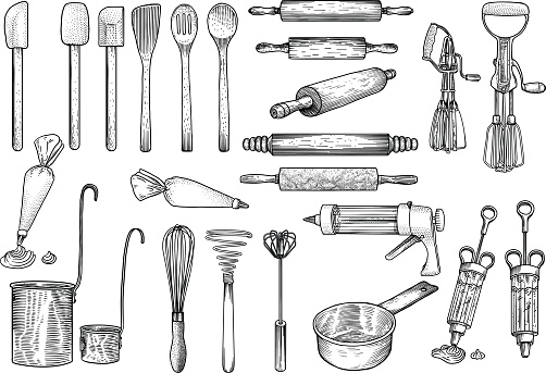 Kitchen, tools illustration, utensil, vector, drawing, engraving, cook, cooking, patisserie,