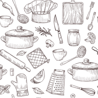 Kitchen tools seamless pattern. Sketch cooking utensils hand drawn kitchenware. Engraved kitchen elements vector background