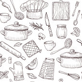 istock Kitchen tools seamless pattern. Sketch cooking utensils hand drawn kitchenware. Engraved kitchen elements vector background 1314014409