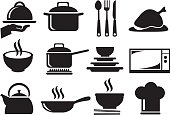 Black and white vector icons of kitchen utensils and equipment for cooking and food preparation isolated on white background.