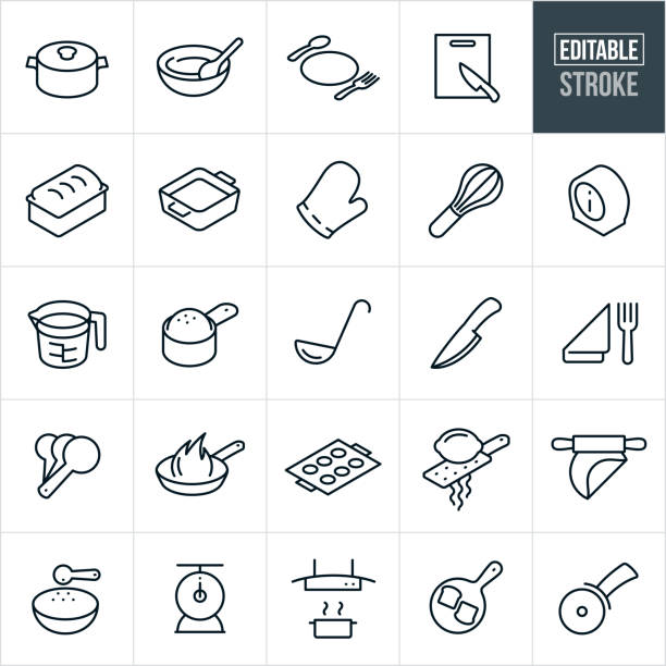 Kitchen Utensils and Accessories Thin Line Icons - Editable Stroke A set of kitchen utensils and accessories icons that include editable strokes or outlines using the EPS vector file. The icons include a pot, mixing bowl, plate, silverware, cutting board, kitchen knife, bread pan, casserole dish, oven mitt, wire whisk, timer, measuring cup, ladle, place setting, measuring spoons, frying pan, cookie sheet, lemon zester, rolling pin, food scale, range hood and pizza cutter. casserole dish stock illustrations