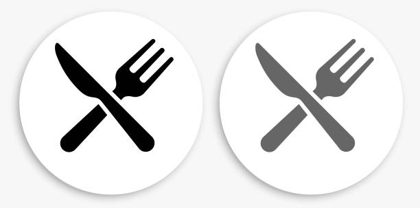Kitchen Utensils Black and White Round Icon Kitchen Utensils Black and White Round Icon. This 100% royalty free vector illustration is featuring a round button with a drop shadow and the main icon is depicted in black and in grey for a roll-over effect. table knife stock illustrations