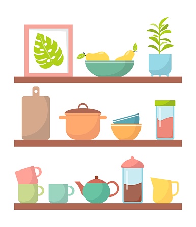 Kitchen utensils. Cooking utensils on shelves. Various types of dishes creamer, kettle, saucepan and others. Vector illustration in a flat style. Colorful background.