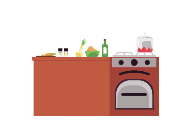 stockillustraties, clipart, cartoons en iconen met de werkplaats van de keuken met oven en bureau voor voedsel vlakke geïsoleerde vectorillustratie. - kookeiland