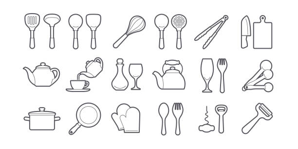 Kitchenware Icon Set Line drawing illustration set of kitchen utensils. kitchen clipart stock illustrations