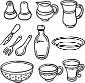 Drawings of different kichenware in line art drawing, black and white.