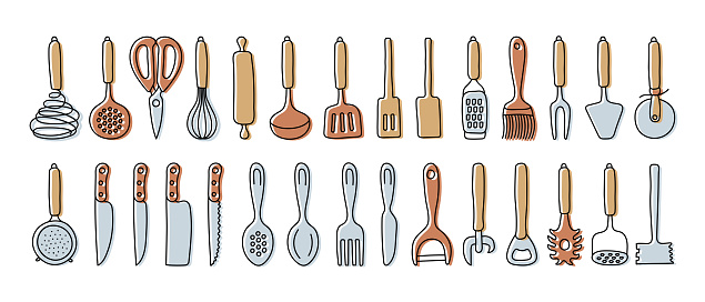 Kitchenware sketch set. Doodle line vector kitchen utensils, tools and cutlery. Whisk, slotted spoon, scissors, rolling pin, ladle and spatula. Sieve, knife, spoon, fork, peeler and opener.
