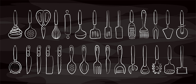 Kitchenware sketch set on chalkboard. Doodle black line vector kitchen utensils, tools and cutlery. Whisk, ladle and spatula. Sieve, knife, spoon, peeler and opener. Chalk on blackboard