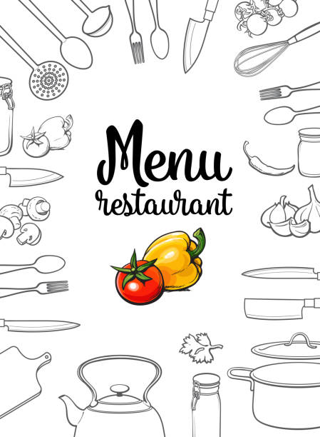 Kitchenware, vegetables and cutlery menu design vector illustration Kitchenware, vegetables and cutlery menu design sketch style vector illustration isolated on white background. Concept of menu banner poster cover with kitchen utensils and empty space for text kitchen borders stock illustrations