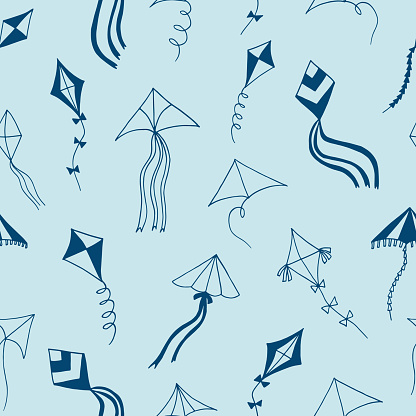 kites seamless pattern hand drawn doodle. vector, minimalism, scandinavian, monochrome, trendy colors 2022. toy, sky, wind, flying, ribbon, tail. wallpaper, textile, background, wrapping paper.