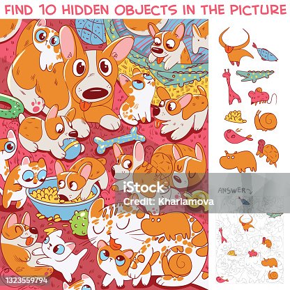 istock Kittens and puppies having fun together. Find 10 hidden objects 1323559794