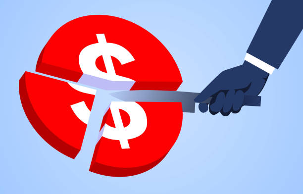 Knife cutting dollar coins, profit sharing, allowance benefits vector art illustration