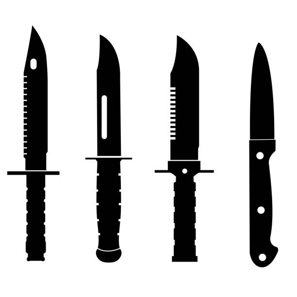 bıçak simgesini, silhouette beyaz arka plan üzerinde - savaş aleti stock illustrations