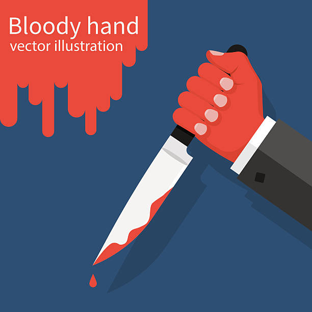 Knife with dripping blood Bloody hand holding a knife with dripping blood. Vector illustration flat design. Isolated on background. Killer, thug, butcher. murder stock illustrations