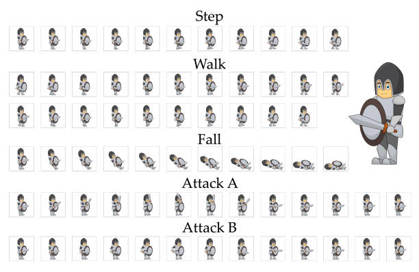 Knight character animation for 2d games. Movement of man in armor and with a sword. rich strike stock illustrations