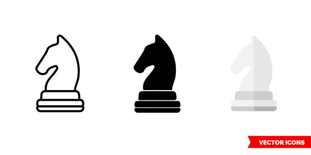stockillustraties, clipart, cartoons en iconen met het schaakpictogram van de ridder van 3 typeskleur, zwart en wit, overzicht. geïsoleerd vectortekensymbool - schaken