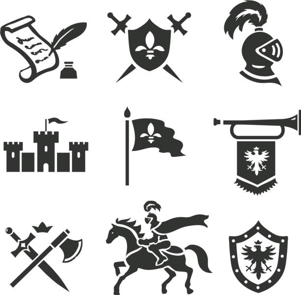 Knight medieval history vector icons set. Middle ages warrior weapons. Knight medieval history vector icons set. Middle ages warrior weapons. Sword, shield and castle  warrior person stock illustrations