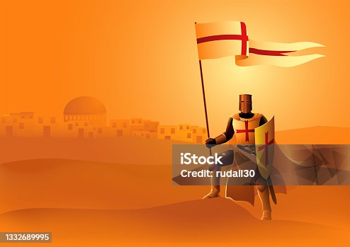 istock Knight of Templar with flag and shield 1332689995
