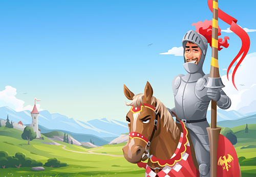 Vector illustration of a Medieval knight with a lance riding a horse, looking at the camera. In the background is a castle amidst a panoramic landscape with trees, hills and mountains. Vector illustration with space for text.