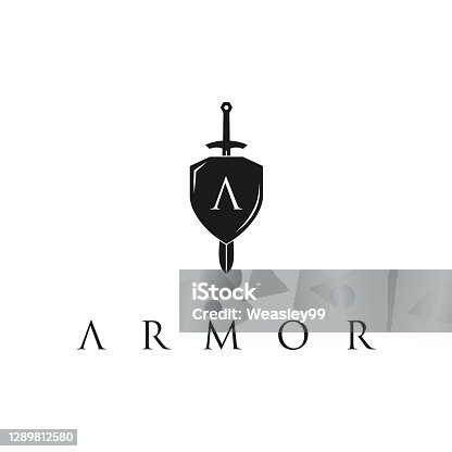 istock Knight Shield Armor Sword with Initial Letter A logo design template - stock illustration Antique, Authority, Badge, Black Color  Knight Shield Armor Sword with Initial Letter A logo design template 1289812580