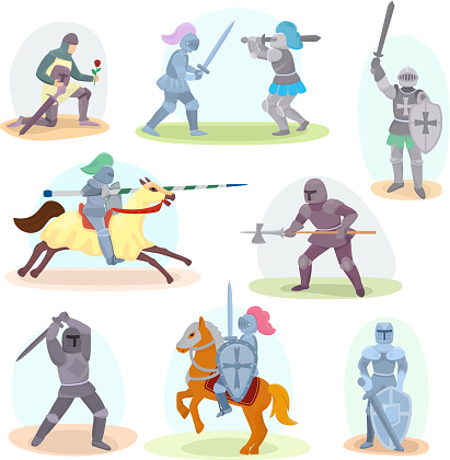 Knight vector medieval knighthood and knightly character with helmet armor and knightage sword illustration set of chivalry man isolated on white background