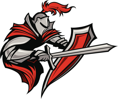 Knight Warrior Mascot Stabbing with Sword and Shield Vector Image