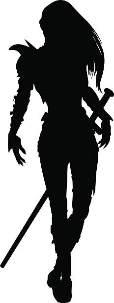 Knight woman silhouette Stylized silhouette of walking woman warrior with sword, in fantasy armor. Available in vector EPS format. warriors stock illustrations