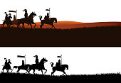 group of armed knights riding horses in the field - medieval heroes panoramic vector silhouette