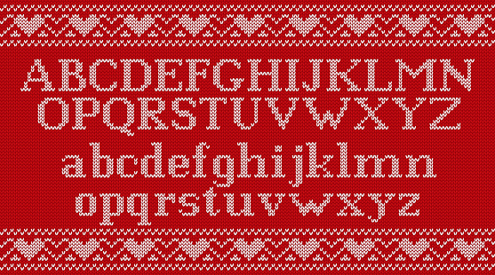 Knit font on Christmas knitted background. Vector illustration.