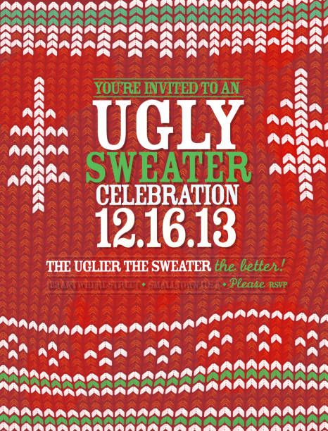 Knit pattern 'Ugly Sweater' Holiday party celebration invitation design template Vector illustration of a knitted 'ugly Holiday sweater' invitation design with sample text design overlay. Holiday theme colors: red, white and green stripes in various patterns. Download includes Illustrator 10 eps with transparencies, high resolution jpg and png file.   ugliness stock illustrations
