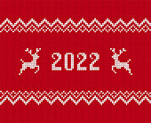 2022 knit print with deers. Christmas seamless pattern. Vector. Red sweater background. Festive white knitted ornament on red background. Holiday xmas winter texture. Illustration with border.