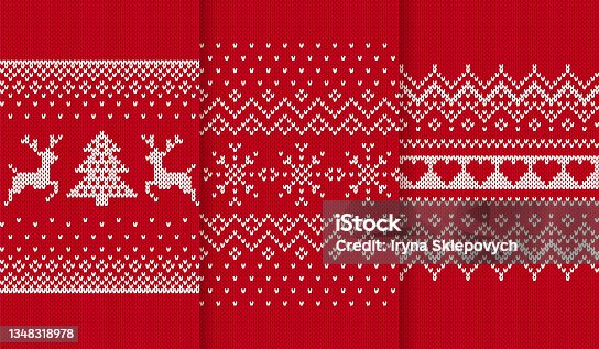 istock Knit seamless patterns. Xmas red backgrounds. Vector illustration. 1348318978