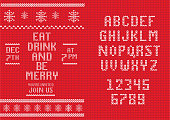 Vector illustration of a Knitted Christmas Invitation design template with set of alphabet font design. Easy to edit. EPS 10.