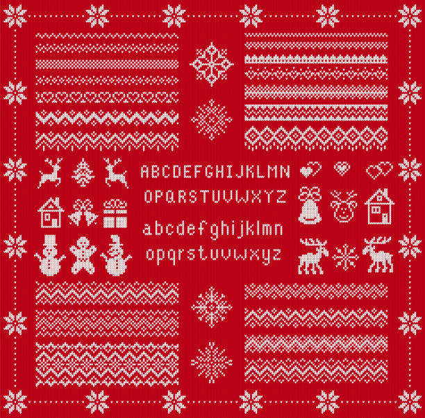 Knitted font and elements. Christmas seamless texture. Vector illustration. Knit sweater print. Knit elements and font. Vector. Christmas seamless borders. Knitted pattern. Fairisle ornaments with type, snowflake, deer, bell, tree, snowman, gift box. Sweater print. Xmas illustration. Red texture alphabet backgrounds stock illustrations