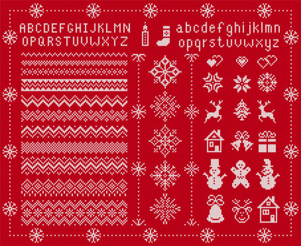 Knitted font and xmas elements. Vector illustration. Christmas seamless texture. Knitted sweater print. Knit font and xmas elements . Vector. Christmas seamless borders. Sweater pattern. Fairisle ornament with type, snowflake, deer, bell, tree, snowman, gift box. Knitted print. Red textured illustration christmas stocking stock illustrations