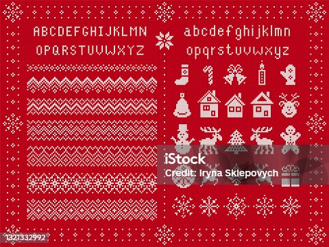istock Knitted font and xmas elements. Vector illustration. Christmas ugly seamless print. 1321332992