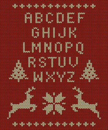 knitted letter set, reindeer, snowflakes and Christmas trees on knitted red background