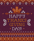 Knitted pattern background Happy Thanksgiving Day family party invite. Vector illustration Handmade knitting scandinavian ornament witn autumn fall maple leaves. White, purple, orange colors