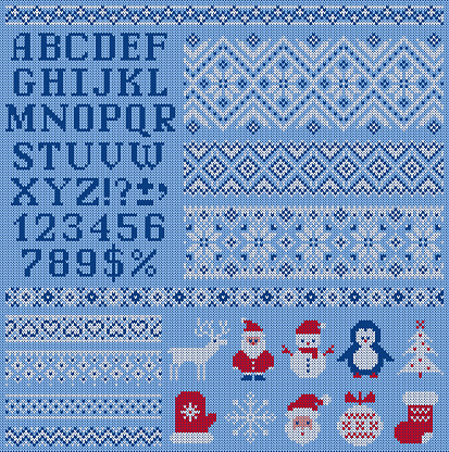 Knitted sweater patterns, elements and alphabet for Christmas,  New Year or winter design. Vector set. Scandinavian seamless ornaments, letters, Santa, snowflake, Christmas tree, deer, snowman, etc.