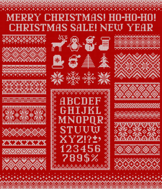 Knitted sweater borders, elements and letters for Christmas design. Scandinavian ornaments. Knitted sweater patterns, elements, alphabet, and phrases for Christmas, New Year or winter design. Vector set. Scandinavian seamless ornaments, letters, frame, Santa, snowflake, deer, trees, etc. ugliness stock illustrations