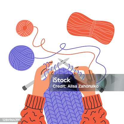 istock Knitting process, top view on hands holding needles 1284964395
