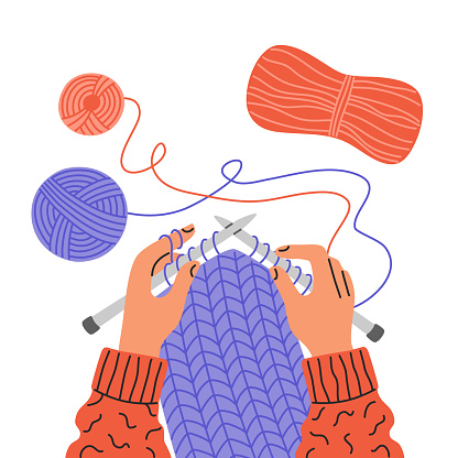Knitting process, top view on hands holding needles. Yarn and balls of thread. Kids educations and hobby. Modern illustration in flat cartoon style, isolated on white background.