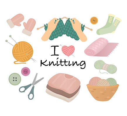 Knitting. Yarn and wool, sweaters, knitting needles, a basket with balls of thread, mittens, scissors and buttons.
