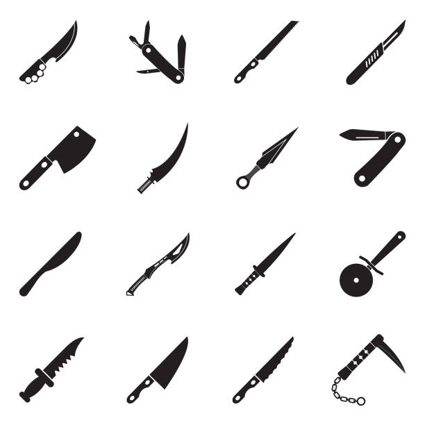 ilustraciones, imágenes clip art, dibujos animados e iconos de stock de iconos de cuchillos. diseño plano negro. ilustración de vector. - knife