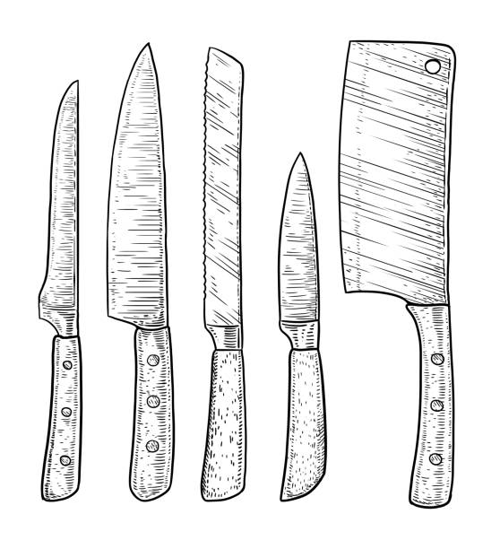 Knives illustration, drawing, engraving, ink, line art, vector Illustration, what made by ink, then it was digitalized. kitchen knife stock illustrations
