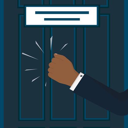 A knock on the door. The hand of a black skin African or American man is knocking on the door. Please allow me to enter the office. The businessman's insistent knock. Noise concept.Vector illustration