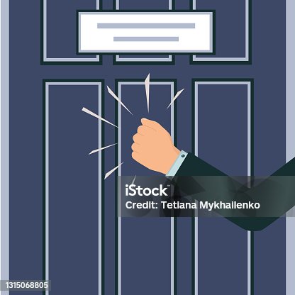istock A knock on the door. The man's hand is knocking on the door. Please allow me to enter the room. Office door with a sign.A persistent businessman, client, manager, guest or salesperson. Fragment.Vector 1315068805