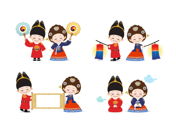 Korean Children in Hanbok during the Joseon Dynasty, King and Queen Korean Children in Hanbok during the Joseon Dynasty, King and Queen thank you kids stock illustrations